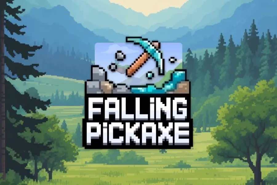 Logo de Falling Pickaxe con piqueta de diamante sobre un valle pixel art con pinos
